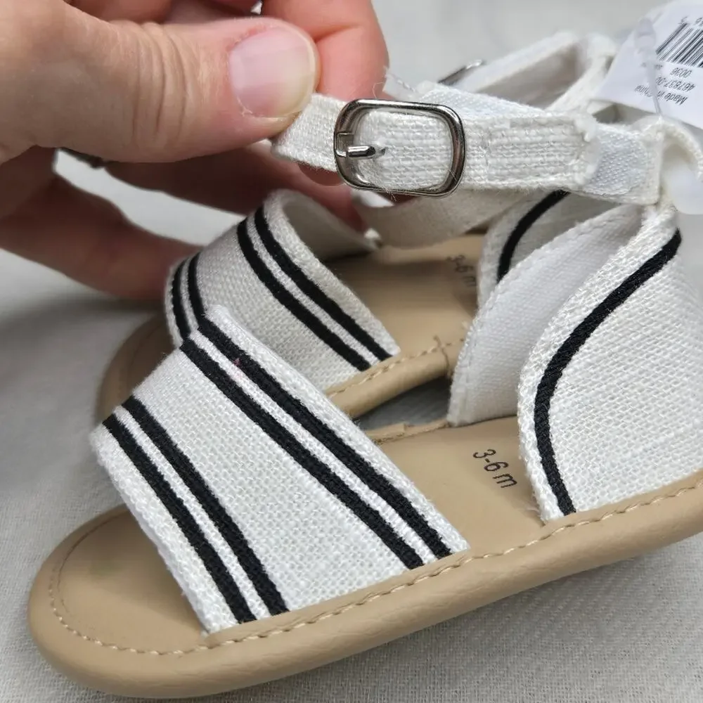 NWT BABY GAP White w/ Black Stripes and Tan Linen Sandals Size 3-6mo